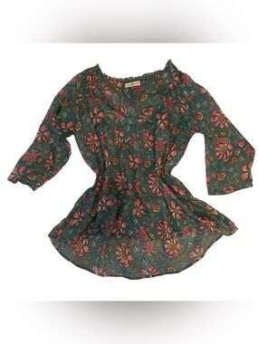 NATURAL LIFE Green Floral Peasant Top with Pink & Yellow Accents